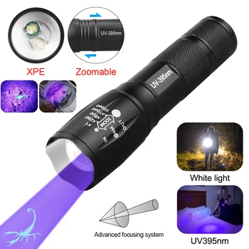 2 in 1 Valge 395nm LED-UV-Taskulamp Zoom Ultraviolett-Kontroll Lambi Laadimine USB Taskulamp Pet Uriini Skorpion Detektor