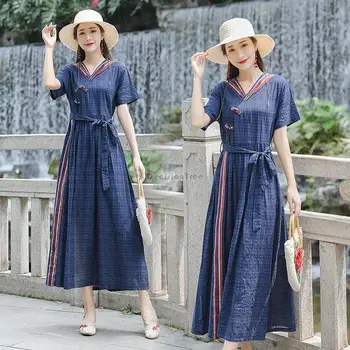 2023 uus hiina rahvuslik kleit suvel etnilise stiili puuvillane linane naiste vintage linased lühikesed varrukad lahti vabaaja pikk seelik s285