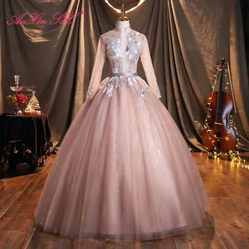AnXin SH vintage roosa tikand lille, pitsi-kõrge kaeluse profileerimine pruut crystal ball kleit printsess pool pikad varrukad õhtul kleit