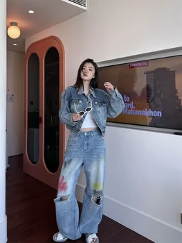 HOUZHOU Harajuku korea Streetwear Kottis Teksad Naistele Hipi Kpop Õõnes Välja Denim Püksid Vintage Õnnetud Lai Jalg Püksid