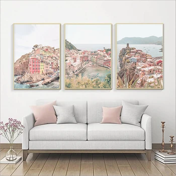Itaalia Reisi Plakatid Roosa Cinque Terre Järve Amalfi Coast Resort Pildid Seina Art Lõuend Maali Turismi Linn Pilt Home Decor