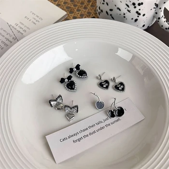 Korea Fashion Vintage Black Pearl Crystal Tsirkoon Kirss Vibu-sõlm Südame Tilk Kõrvarõngad Naistele Esteetiline Ehted Lepinguosalise Kingitused