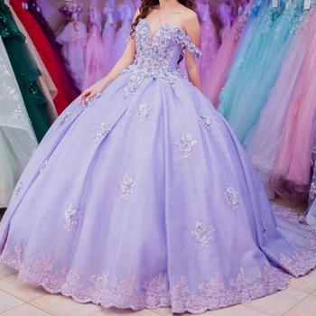 Lavendel Mehhiko Quinceanera Kleidid Käsitöö 3D Õie Applique Helmed Sünnipäeva Printsess Ametlik Pall Hommikumantlid Vestidos XV 15 Aastat