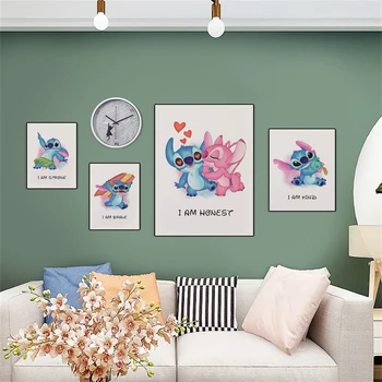 MINISO Disney Stitch Lasteaed Art Canvas Poster Õmblema Akvarell, Värviline Print Seina Kunsti Lasteaed Kids Room Home Decor