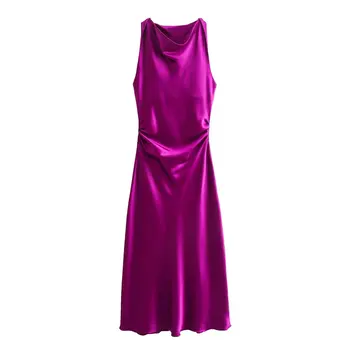 Naiste 2023 Uus Stiilne Mood Plisseeritud disain Slim Satin tekstuur Midi Kleit Vintage Varrukateta Naiste Kleidid rüü Mujer