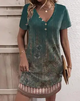 Naiste Kleidid 2023 Suvel Moe Vintage Tribal Prindi Lühikesed Varrukad Vabaaja V-Kaeluse jaoks iga Päev Mini Line Kleit