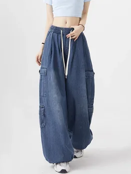 Naiste Teksad, Kõrge Vöökoht Mood Cargo Püksid Disain Y2K Liiga Stiilne Lai Jalg Jean Naiste Püksid Kottis Denim Püksid