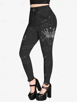 ROSEGAL Pluss Suurus Gooti Säärised 3D Liblikas Jean Pits-up Trükitud Püksid S-5XL Naiste Streetwear Pingul Püksid Mujer