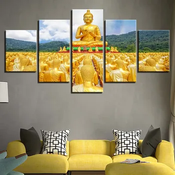 Raamitud Lõuendile Seina Art Plakatid HD Pildid Maalid 5 Tükki Kuldne Statue Of Buddha Pilte Budismi Home Decor elutuba