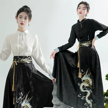 Traditsiooniline Iga Päev Hanfu Seada Hobuse Nägu Kleit Naiste Uued Hiina Stiilis Dragon Tikandid Mamian Seelik Fashion Street Wear Riided