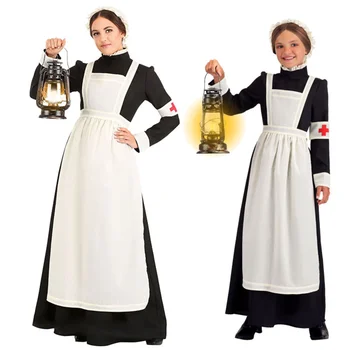 Täiskasvanud Koloonia Pioneer Tüdruk Kostüüm Naistele Nurse Kleit Prairie Neiu Neiu Põlle Kostüümid Halloween Fancy Cosplay