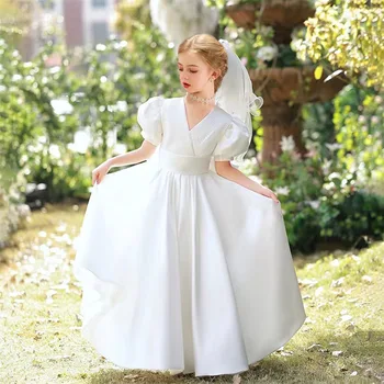 White Satin Lilleneiu Kleit Pulm V-Tagasi Laterna Varruka Pahkluu Pikkus Laps Printsess Esimene Armulaud Sünnipäeva Kleit