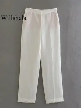 Willshela Naiste Mood Beež Ees Tõmblukk Pikad Püksid Vintage Kõrge Vöökoht Täispikk Stiilne Naiste Lady Püksid