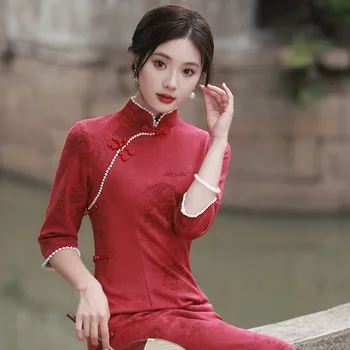Yourqipao Sügisel 2023 Õrn, Elegantne Ladylike Maroon Cheongsam Suede Nikerdatud Vintage Qipao Hiina Stiil õhtukleit jaoks Naised