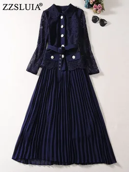 ZZSLUIA Vintage 2 Tükki Sobib Naistele Vees Lahustuv Tikandid Jope Mantlid+Plisseeritud Kleit Twinset Mood Varustus Kleit Komplektid